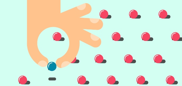 illustration of a hand picking up a blue berry from the scattered red berries
