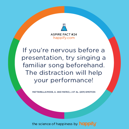 If you’re nervous before a presentation, try singing a familiar song beforehand. The distraction will help your performance! Mattarella-Micke, A. and Mateo, J. et al. (2011) Emotion