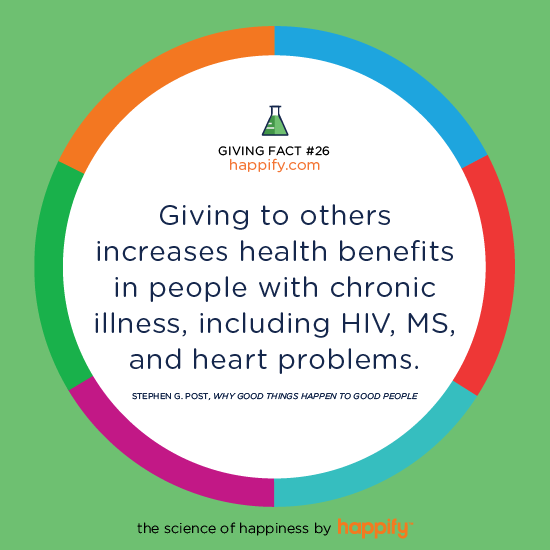 Giving to others increases health benefits in people with chronic illness, including HIV, MS, and heart problems. Stephen G. Post, <i>Why Good Things Happen to Good People</i>