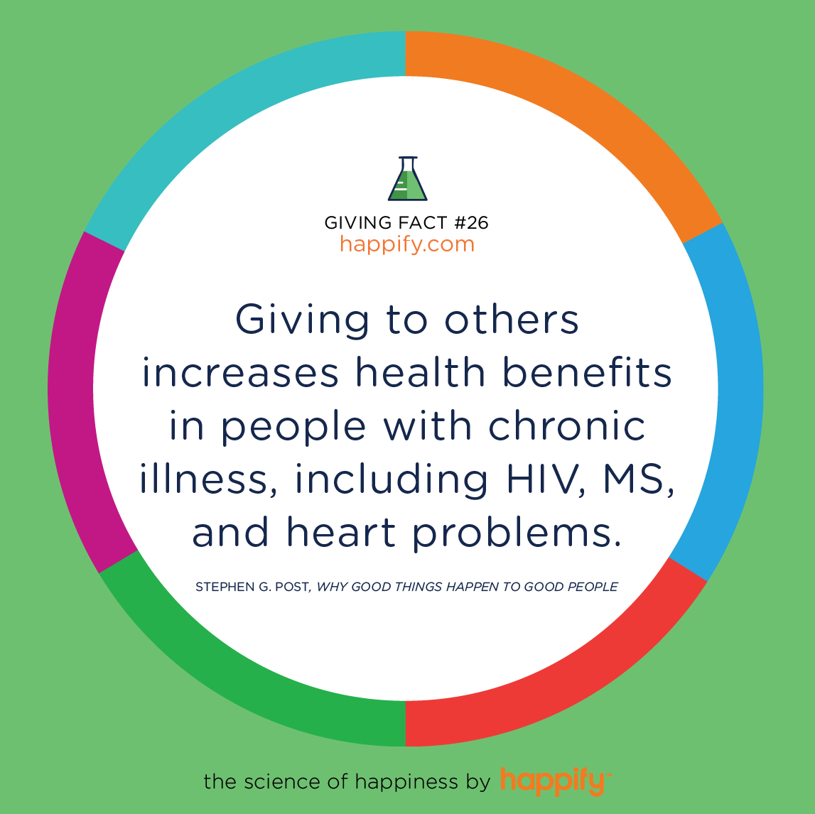 Giving to others increases health benefits in people with chronic illness, including HIV, MS, and heart problems. Stephen G. Post, <i>Why Good Things Happen to Good People</i>