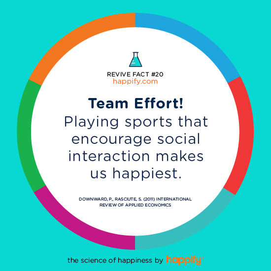 Team Effort! Playing sports that encourage social interaction makes us happiest. Downward, P., Rasciute, S. (2011) International Review of Applied Economics