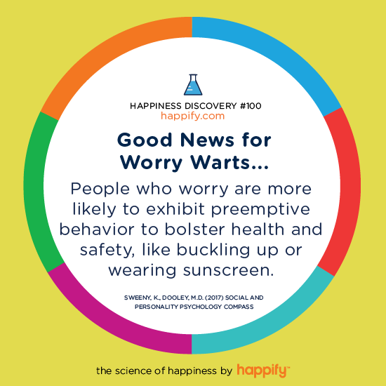 Good News for Worry Warts... People who worry are more likely to exhibit preemptive behavior to bolster health and safety, like buckling up or wearing sunscreen. Sweeny, K., Dooley, M.D. (2017) Social and Personality Psychology Compass