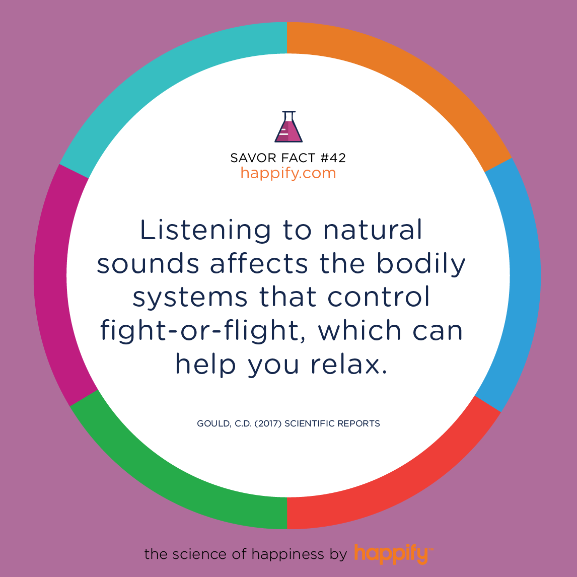 Listening to natural sounds affects the bodily systems that control fight-or-flight, which can help you relax. Gould, C.D. (2017) Scientific Reports