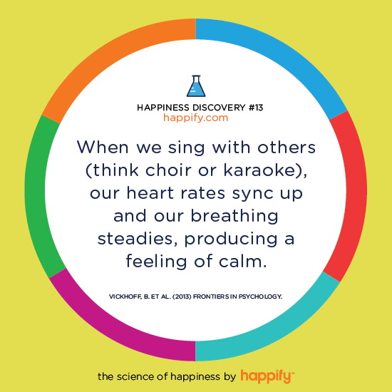 When we sing with others (think choir or karaoke), our heart rates sync up and our breathing steadies, producing a feeling of calm. VICKHOFF, B. ET AL. (2013) FRONTIERS IN PSYCHOLOGY