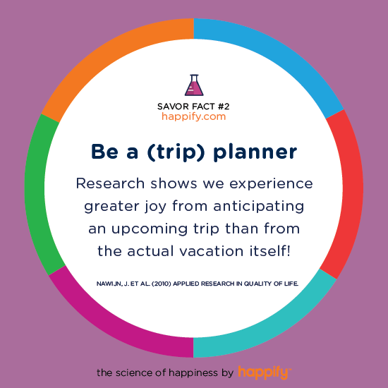 Be a (trip) planner Research shows we experience greater joy from anticipating an upcoming trip than from the actual vacation itself! NAWIJN, J. ET AL. (2010) APPLIED RESEARCH IN QUALITY OF LIFE