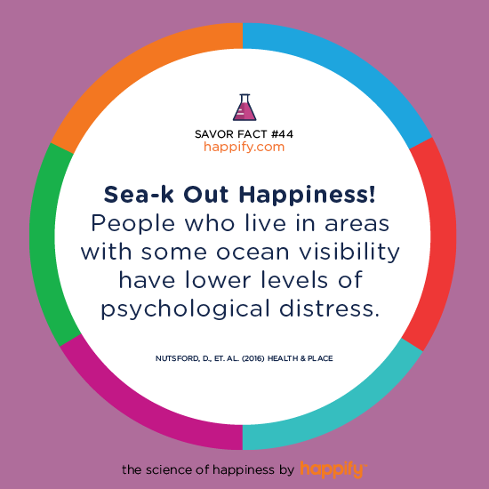 Sea-k Out Happiness! People who live in areas with some ocean visibility have lower levels of psychological distress. Nutsford, D., et. al. (2016) Health & Place