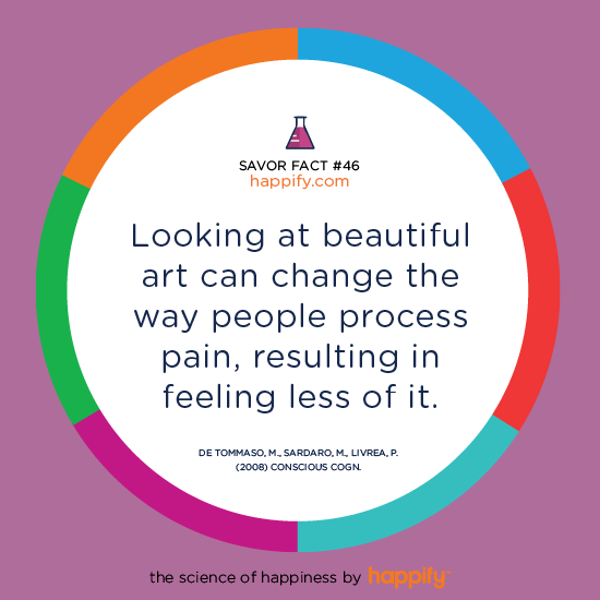 Looking at beautiful art can change the way people process pain, resulting in feeling less of it. de Tommaso, M., Sardaro, M., Livrea, P. (2008) Conscious Cogn.
