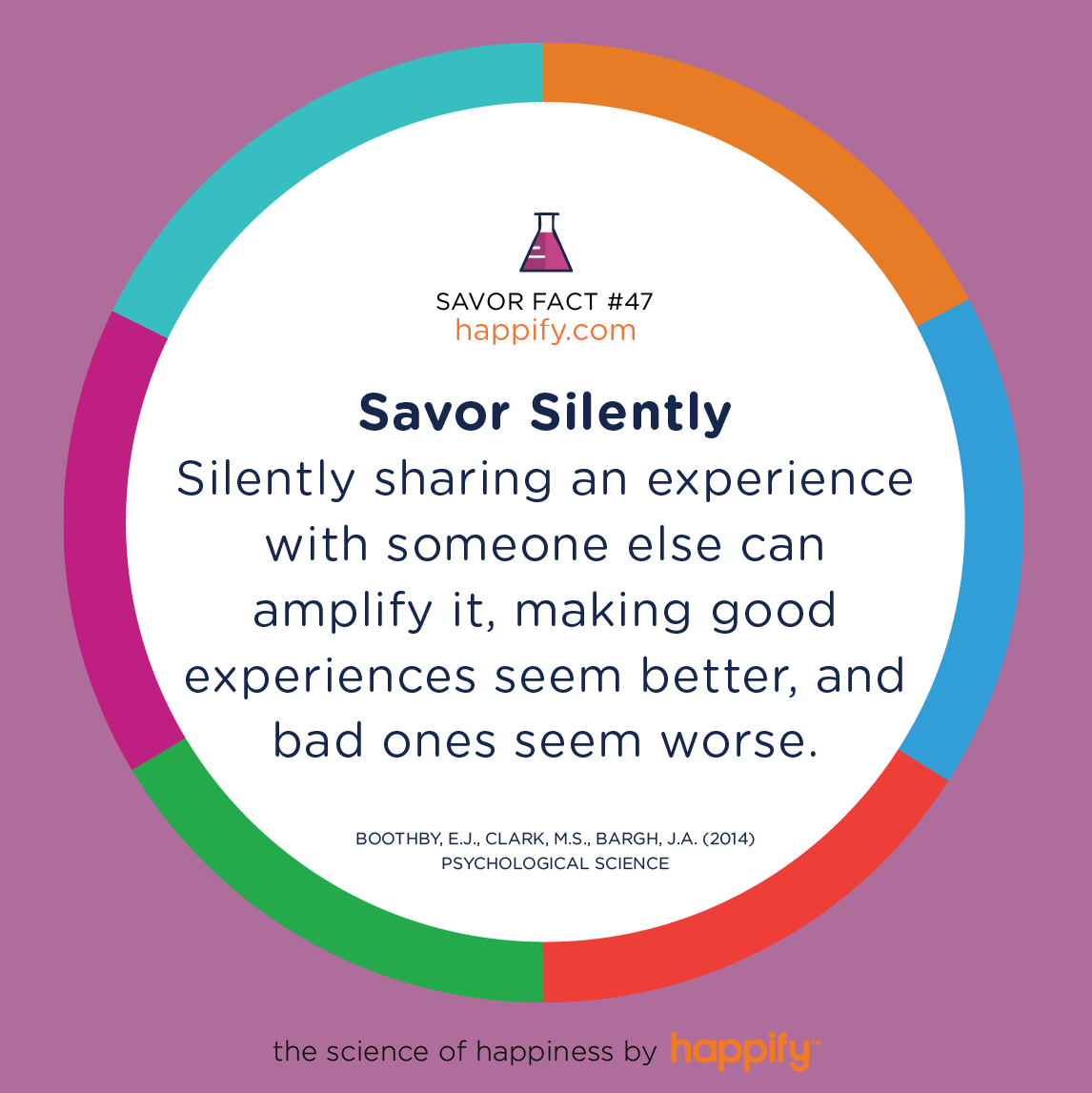 Savor Silently Silently sharing an experience with someone else can amplify it, making good experiences seem better, and bad ones seem worse. Boothby, E.J., Clark, M.S., Bargh, J.A. (2014) Psychological Science