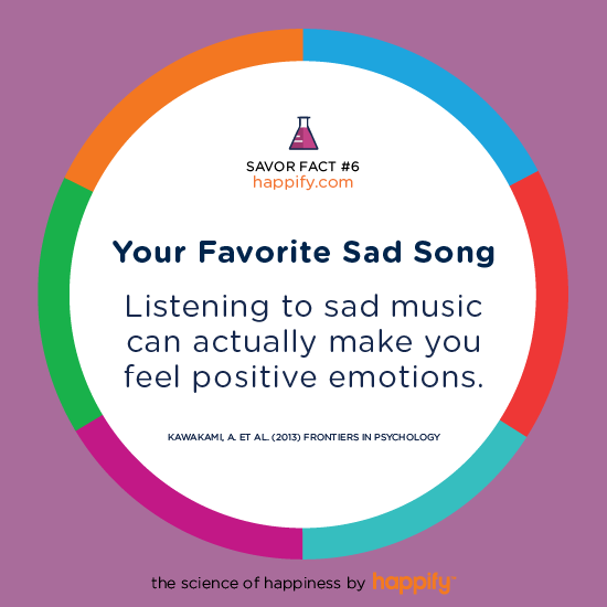 Your Favorite Sad Song Listening to sad music can actually make you feel positive emotions. KAWAKAMI, A. ET AL. (2013) FRONTIERS IN PSYCHOLOGY