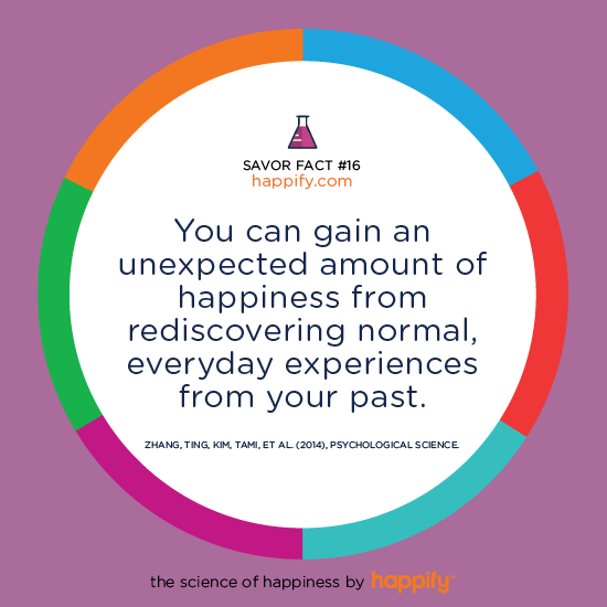 You can gain an unexpected amount of happiness from rediscovering normal, everyday experiences from your past. ZHANG, TING, KIM, TAMI, ET AL. (2014) PSYCHOLOGICAL SCIENCE