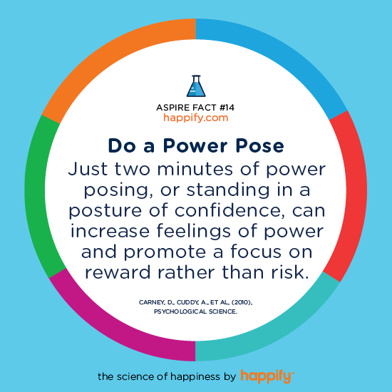 Do a Power Pose Just two minutes of power posing, or standing in a posture of confidence, can increase feelings of power and promote a focus on a reward rather than risk. CARNEY, D., CUDDY A., ET AL. (2010) PSYCHOLOGICAL SCIENCE