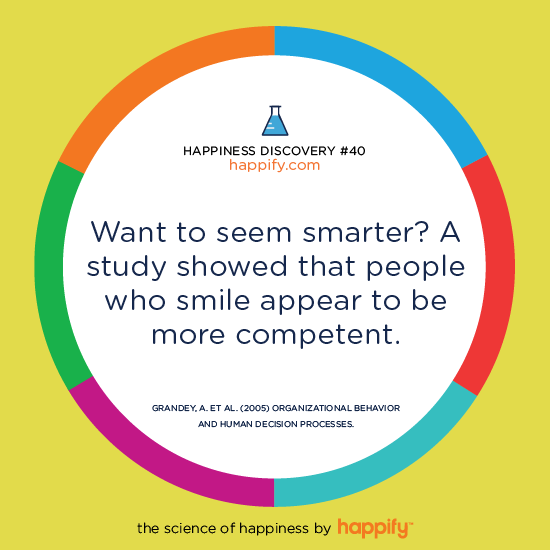 Want to seem smarter? A study showed that people who smile appear to be more competent. GRANDEY, A. ET AL. (2005) ORGANIZATIONAL BEHAVIOR AND HUMAN DECISION PROCESSES