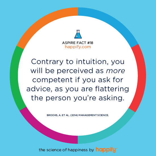 Contrary to intuition, you will be perceived as more competent if you ask for advice, as you are flattering the person you’re asking. BROOKS, A. ET AL. (2014) MANAGEMENT SCIENCE