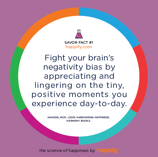 Fight your brain’s negativity bias by appreciating and lingering on the tiny, positive moments you experience day-to-day. HANSON, RICK (2013) HARDWIRING HAPPINESS. HARMONY BOOKS